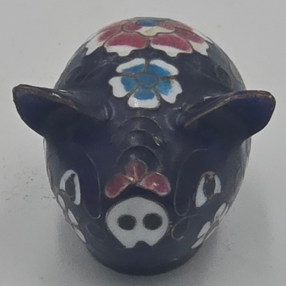 Vtg Chinese Cloisonne Enamel Pig Figurine Miniature Blue Floral Brass Filigree